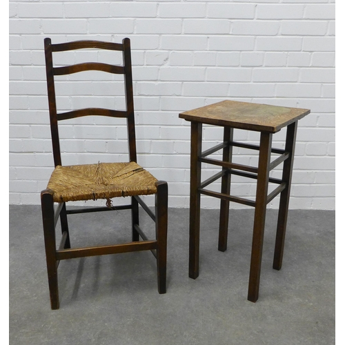 251 - An Arts & Crafts  chair with woven rush seat and an oak side table. 67 x 35cm. (2)