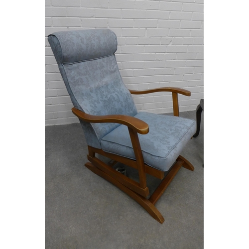 259 - Indian walnut rocking chair, labelled 'walnut willie - Kashmir',  together with a stool in matching ... 