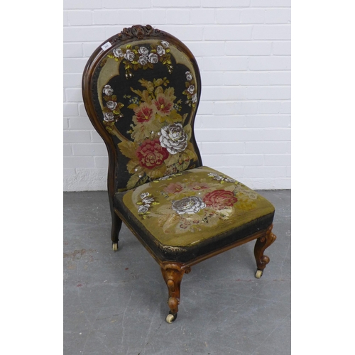 262 - Victorian chair,  walnut carved frame and beadwork upholstery, on short cabriole legs terminating on... 