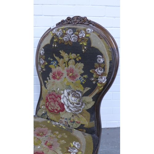 262 - Victorian chair,  walnut carved frame and beadwork upholstery, on short cabriole legs terminating on... 