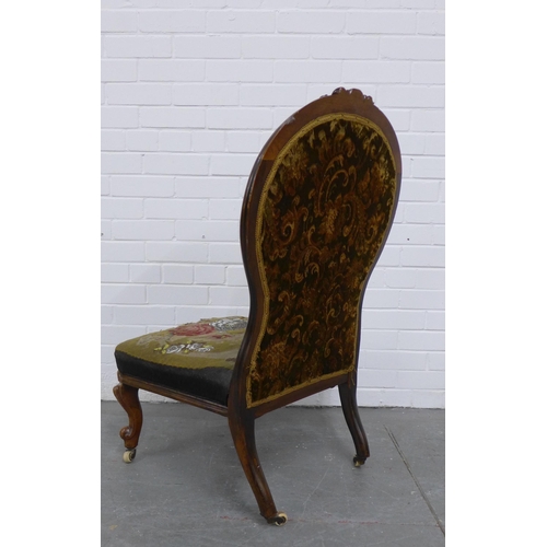 262 - Victorian chair,  walnut carved frame and beadwork upholstery, on short cabriole legs terminating on... 