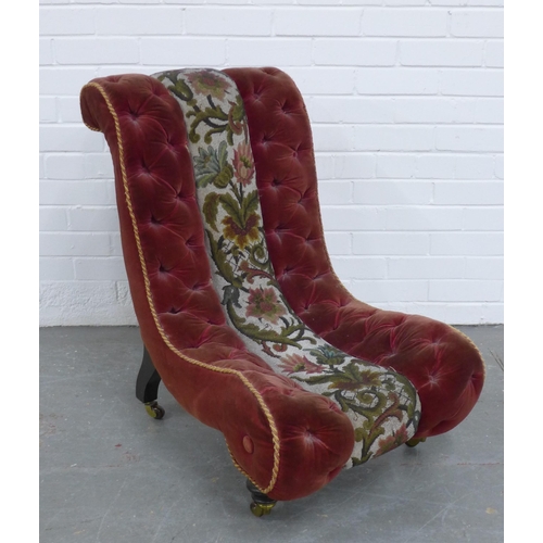 263 - Victorian slipper chair, in buttoned red velvet and beaded fabric, ebonised legs with brass caps and... 