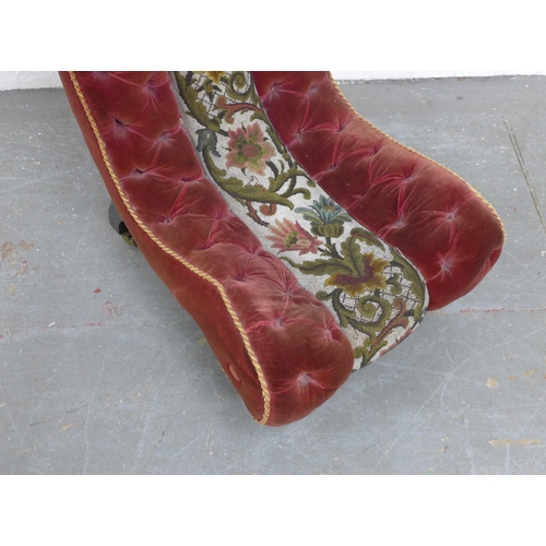 263 - Victorian slipper chair, in buttoned red velvet and beaded fabric, ebonised legs with brass caps and... 