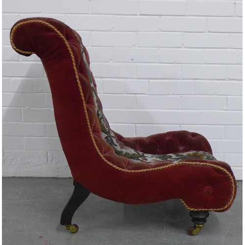 263 - Victorian slipper chair, in buttoned red velvet and beaded fabric, ebonised legs with brass caps and... 