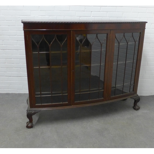 279 - Mahogany bow fronted cabinet with astragal glazed doors , shelved interior, on carved cabriole legs,... 