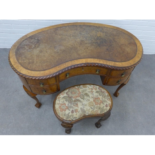 281 - Walnut kidney shaped desk / dressing table matching  and stool. 77 x 121 x 58cm. (2)