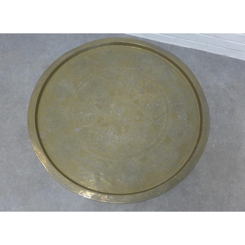 288 - Benares style table, brass circular top on wooden stand with mother of pearl inlaid pattern,  57 x 6... 