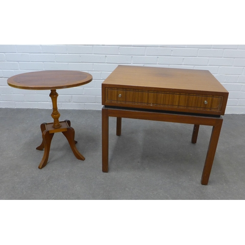 289 - A Greaves & Thomas side table with a single drawer,  together with a modern pedestal table. 55 x 60 ... 