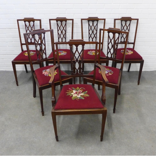 290 - Set of seven mahogany chairs, with open trellis backs and upholstered slip in seats, to include six ... 