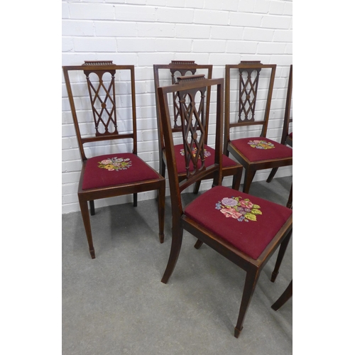 290 - Set of seven mahogany chairs, with open trellis backs and upholstered slip in seats, to include six ... 