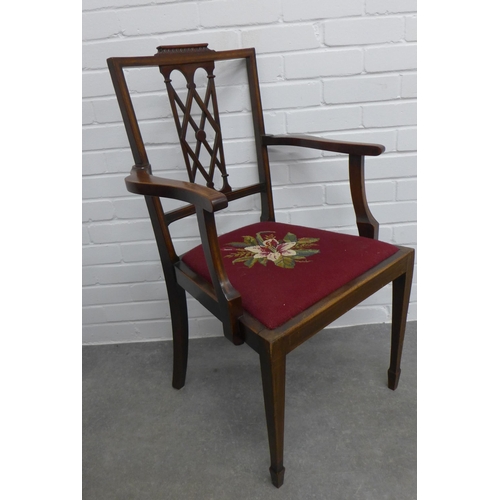 290 - Set of seven mahogany chairs, with open trellis backs and upholstered slip in seats, to include six ... 