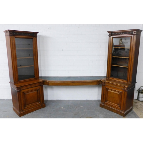 292 - Victorian oak three-part wall cabinet with central desk area with green skiver and two frieze drawer... 