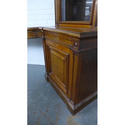 292 - Victorian oak three-part wall cabinet with central desk area with green skiver and two frieze drawer... 