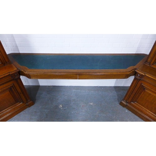 292 - Victorian oak three-part wall cabinet with central desk area with green skiver and two frieze drawer... 