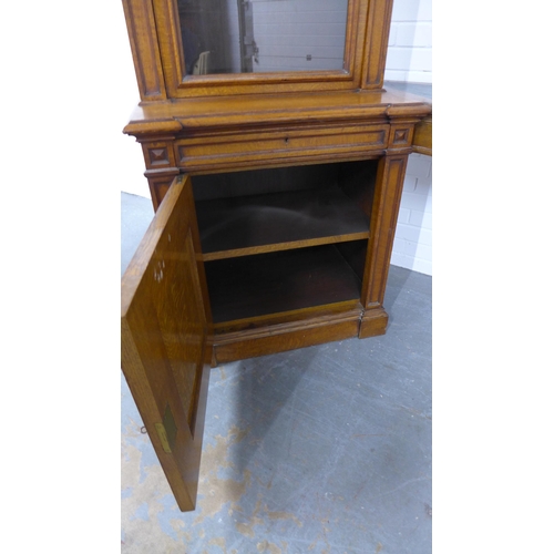 292 - Victorian oak three-part wall cabinet with central desk area with green skiver and two frieze drawer... 