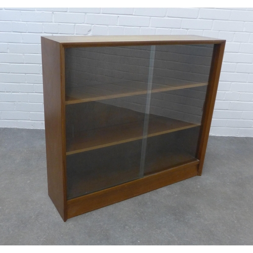 295 - Herbert E. Gibb vintage teak open bookcase with glass sliding doors. 83 x 91 x 24cm.