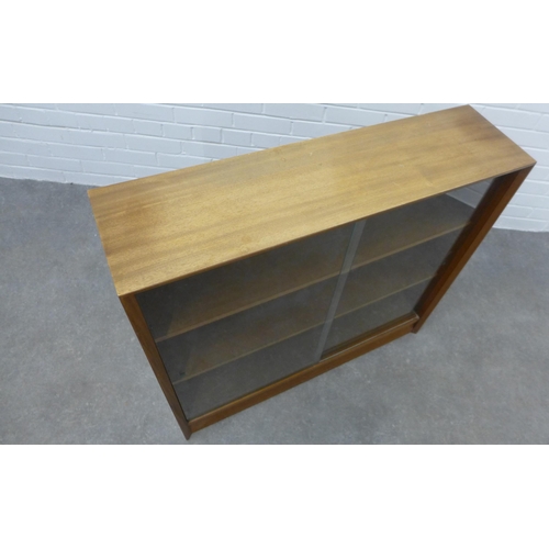 295 - Herbert E. Gibb vintage teak open bookcase with glass sliding doors. 83 x 91 x 24cm.