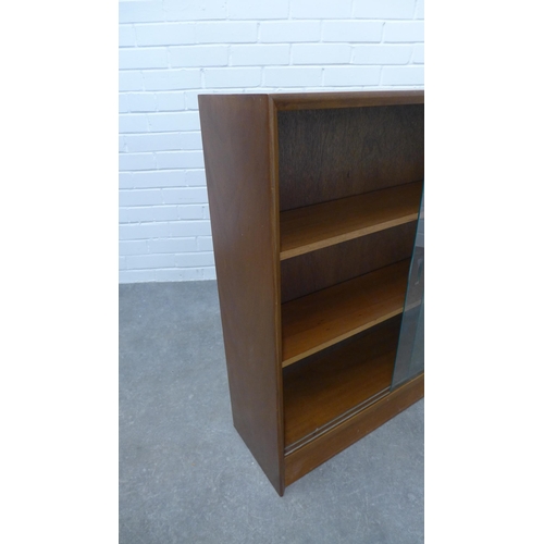 295 - Herbert E. Gibb vintage teak open bookcase with glass sliding doors. 83 x 91 x 24cm.