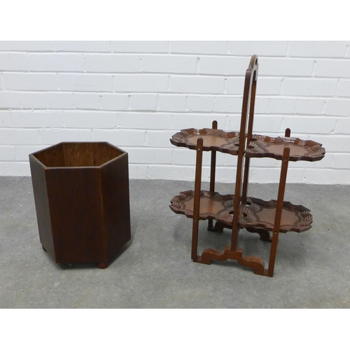 301 - Hardwood folding cake stand with a hexagonal wooden waste paper bucket. (2)