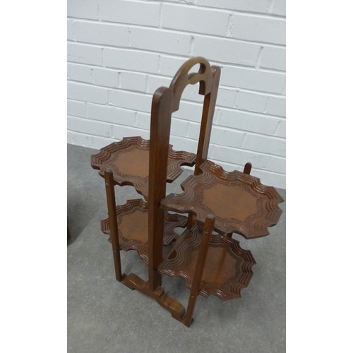 301 - Hardwood folding cake stand with a hexagonal wooden waste paper bucket. (2)