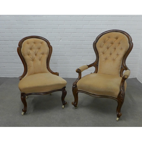 311 - Late 19th / early 20th century mahogany showframe buttonback open armchair together with a similar s... 