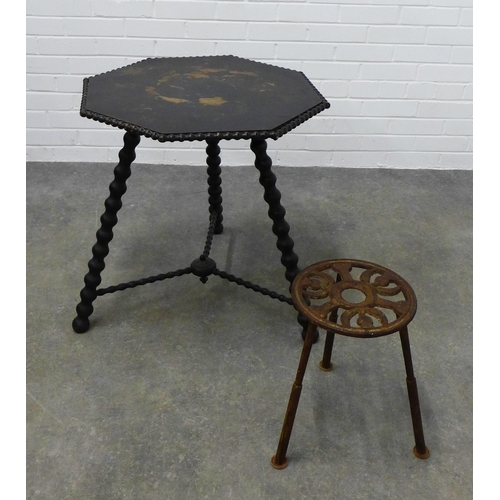 312 - Victorian ebonised Gypsy bobbin table together with a metal tripod stand. 65 x 59cm. (2)