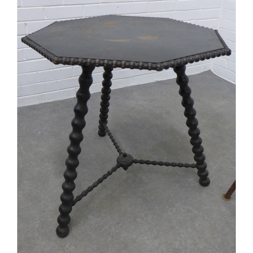 312 - Victorian ebonised Gypsy bobbin table together with a metal tripod stand. 65 x 59cm. (2)