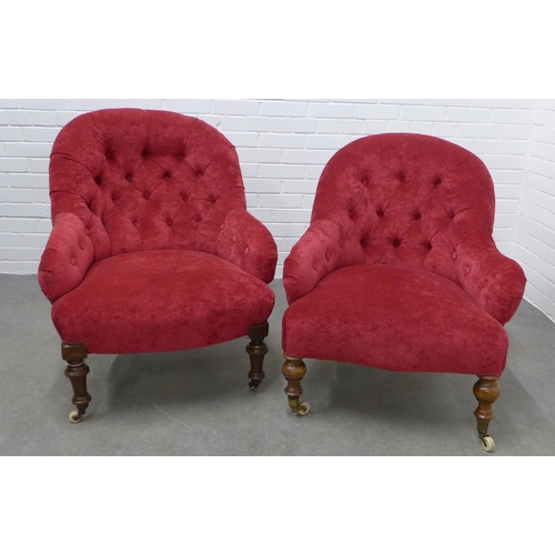 313 - Two late 19th / early 20th century red upholstered button back chairs. 88 x 73 x 52cm. (2)