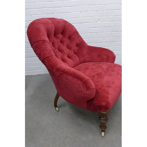 313 - Two late 19th / early 20th century red upholstered button back chairs. 88 x 73 x 52cm. (2)