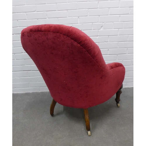 313 - Two late 19th / early 20th century red upholstered button back chairs. 88 x 73 x 52cm. (2)