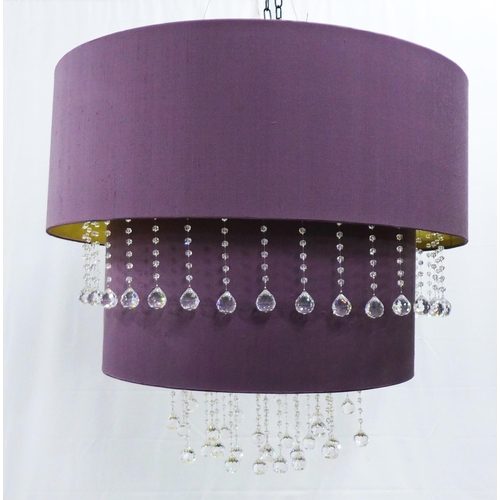 321 - Heathfield & Co contemporary two-tier purple silk and glass drop chandelier, largest shade 80cm