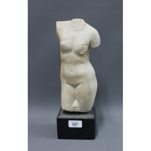 327 - Stoneware sculpture of a nude  female torso on a rectangular plinth, 33cm