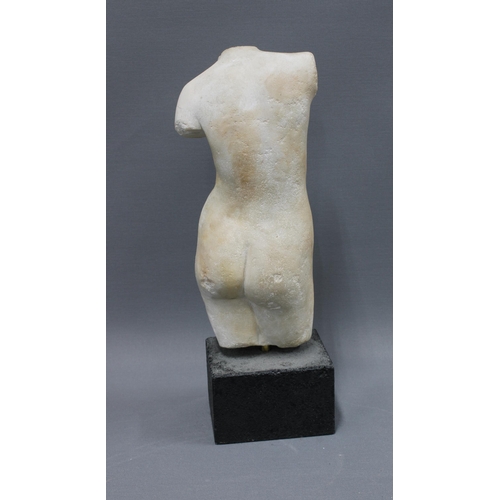 327 - Stoneware sculpture of a nude  female torso on a rectangular plinth, 33cm