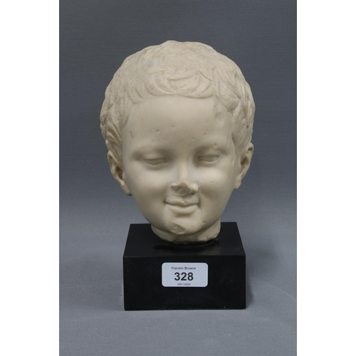 328 - Child's head sculpture, a B.M Replica on ebonised plinth, 22cm