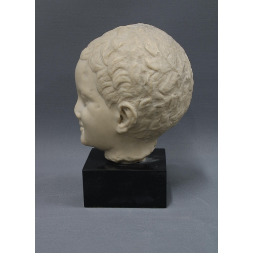 328 - Child's head sculpture, a B.M Replica on ebonised plinth, 22cm