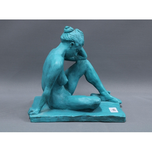 329 - Joyce Campbell (Scottish) female nude sculpture in turquoise, on a rectangular plinth, 27 x 26cm