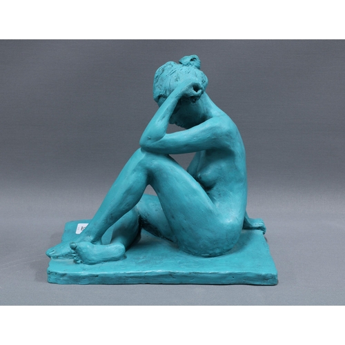 329 - Joyce Campbell (Scottish) female nude sculpture in turquoise, on a rectangular plinth, 27 x 26cm