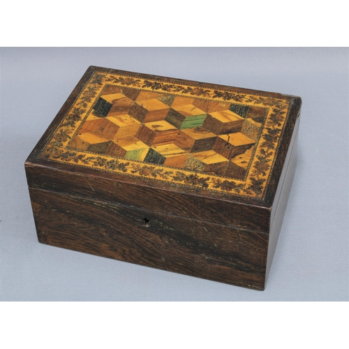 331 - Tunbridgeware sewing box, the hinged lid with tumbling cubes pattern, opening to reveal a fitted int... 