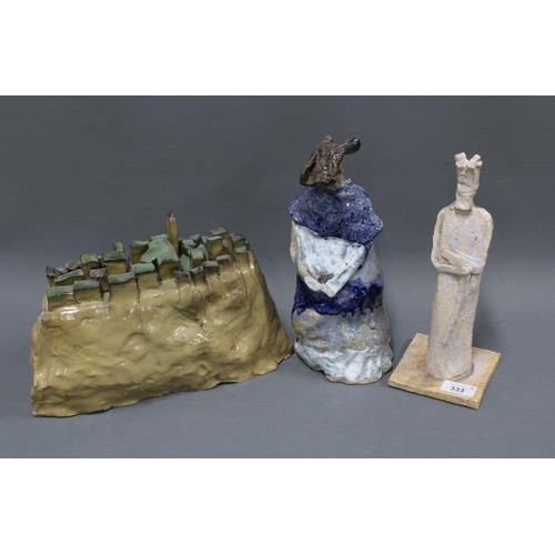 333 - Two stoneware clay figural sculptures, and a fort, tallest  29cm (3)