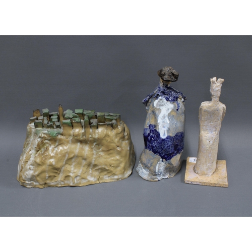 333 - Two stoneware clay figural sculptures, and a fort, tallest  29cm (3)