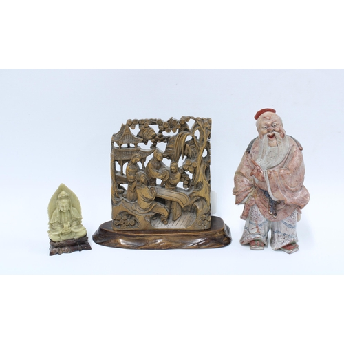 338 - Chinese Immortal carved soapstone figure, 22cm, chinoiserie wooden panel and a small soapstone deity... 