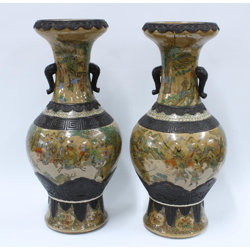 342 - A pair of large Chinese crackle ware vases with coloured scenes between faux bronze bands, one rim s... 