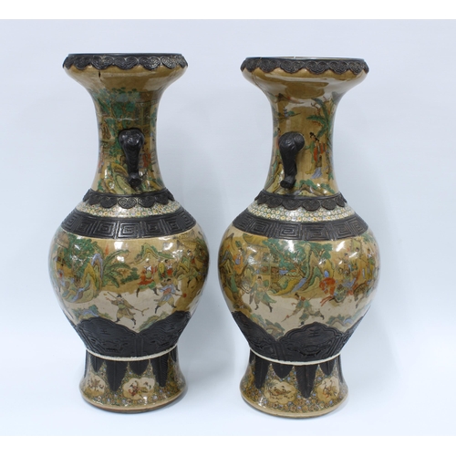 342 - A pair of large Chinese crackle ware vases with coloured scenes between faux bronze bands, one rim s... 