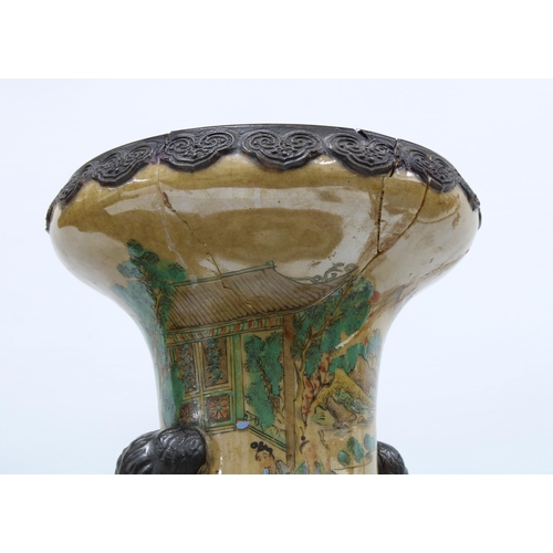 342 - A pair of large Chinese crackle ware vases with coloured scenes between faux bronze bands, one rim s... 