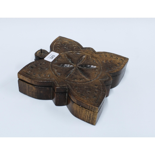 343 - Unusual floral form carved wooden spice box, likely continental, with a swivel lid revealing five in... 