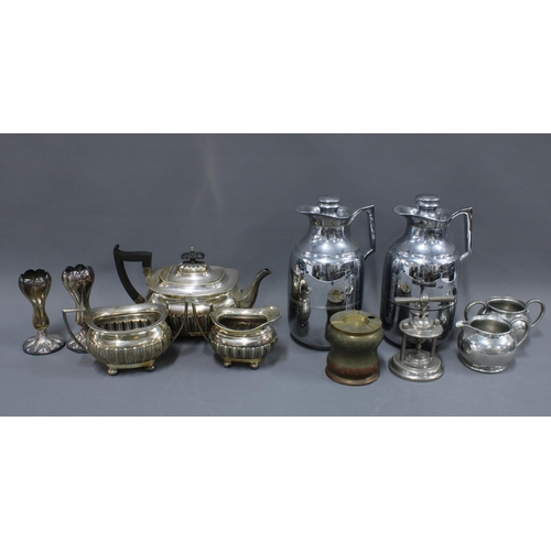 345 - Epns three piece tea service, Tudric pewter milk jug and matching sugar bowl, two chromed metal ther... 