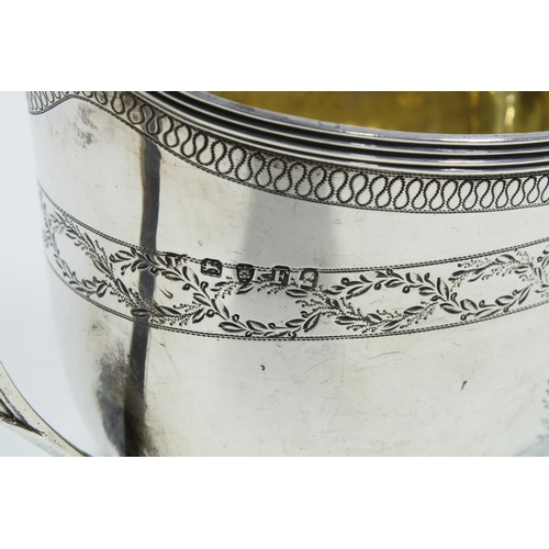 35 - Georgian silver sugar bowl, London 1801, with bright cut engraved borders and a band of laurel leave... 