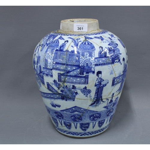 361 - Chinese blue and white vase, repaired with restorations throughout, with blue artemisia leaf mark to... 