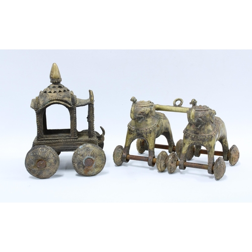 363 - Indian bronze Temple toy elephants and carriage, (2) 23cm high