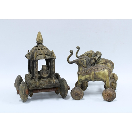 363 - Indian bronze Temple toy elephants and carriage, (2) 23cm high